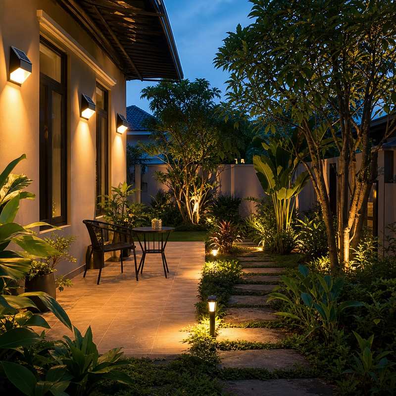 Đèn tường và đèn lối đi năng lượng mặt trời cho sân vườn nhà phố