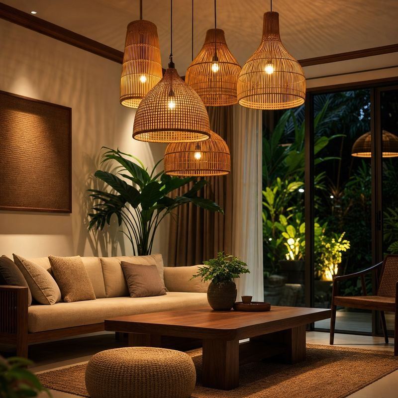 Đèn tre trang trí phòng khách hiện đại ánh sáng vàng ấm